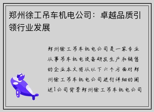 郑州徐工吊车机电公司：卓越品质引领行业发展